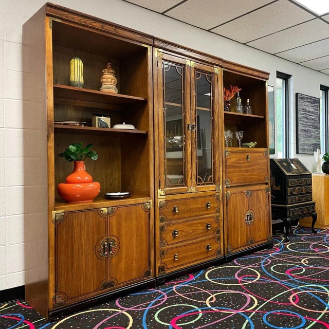 Bernhardt 3 Piece Modular Asian Bookcase Wall Unit With China Cabinet For Sale - Image 6 of 13
