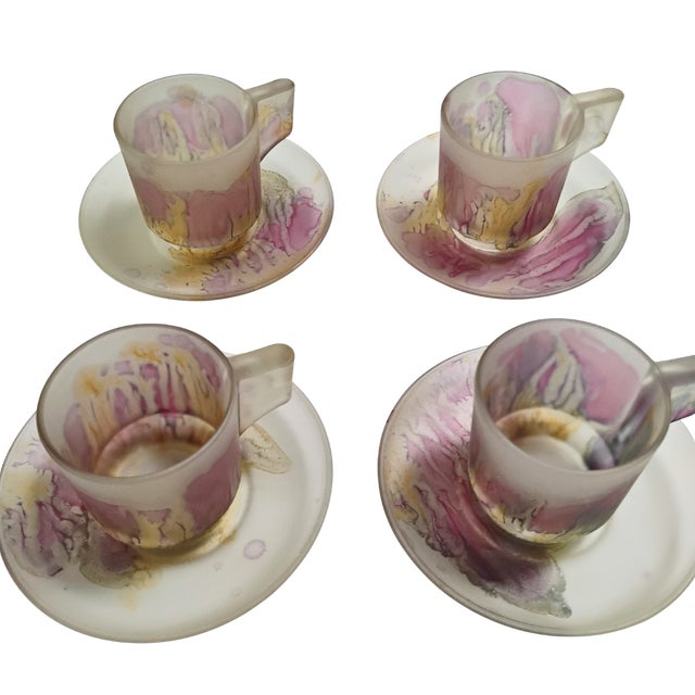 Art Nouveau 1980s Rueven Art Nouveau Demitasse Cups and Saucers Frosted Glass - Set of 6 For Sale - Image 3 of 14