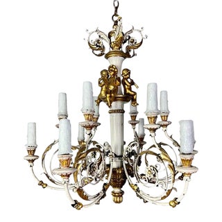 Italian Painted & Parcel Gilt Cherub Chandelier, Circa 1930s For Sale