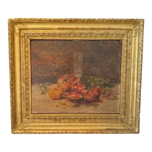 French 1893 Still Life Oil Painting by Listed Artist Ernest Honnerat: Fruit With Wine Glass, Framed