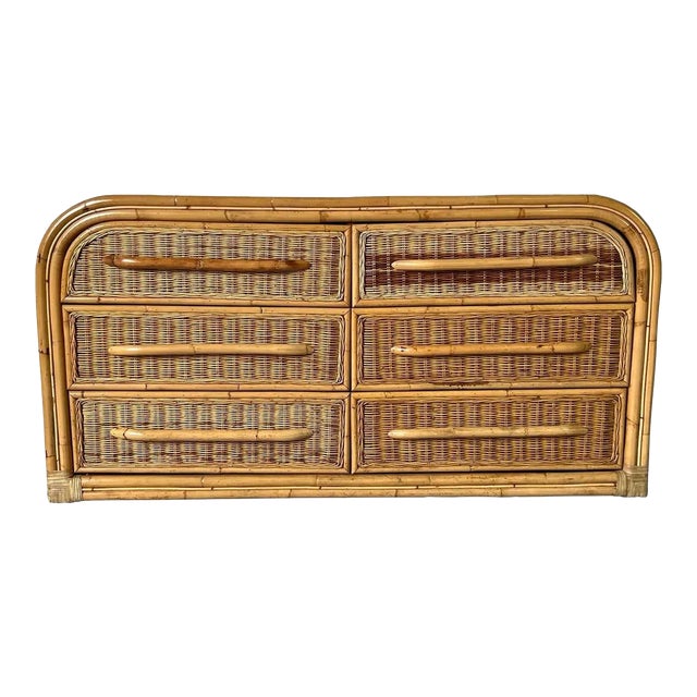 Vintage Coastal Organic Bamboo and Rattan Six - Drawers Waterfall Top Dresser/ Sold For Sale