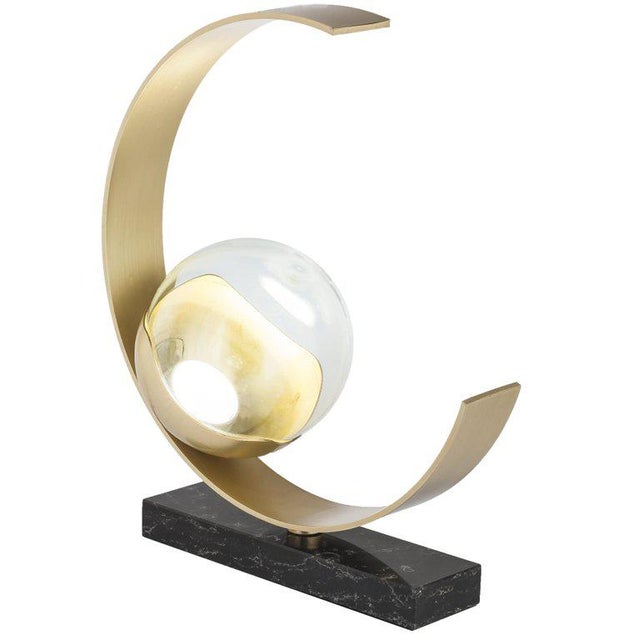 Brass New "Waning/T" Handmade Sculpture Table Lamp With Bulb in Metal and Crystal For Sale - Image 8 of 8