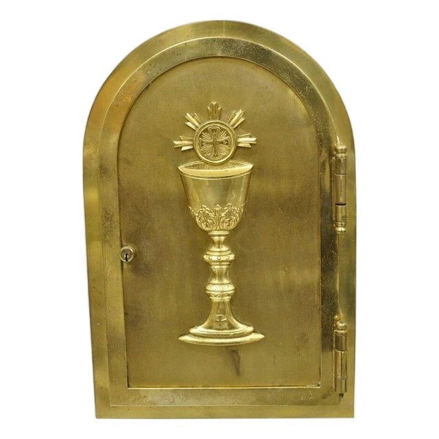 Antique Gothic Bronze Wall Hanging Altar Door Tabernacle With Chalice (A) For Sale