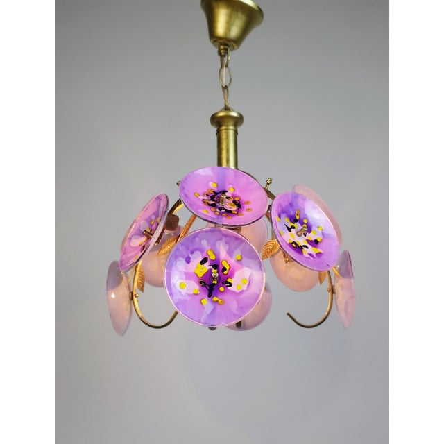 2020s Vintage Floral Glass Chandelier Hand Painted Purple Ceiling Light One of a Kind Statement Lighting For Sale - Image 5 of 11