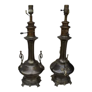 Vintage 1920s Pair of Aged Brass Lamps by Frederick Cooper