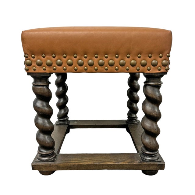 English Early 20th Century Barley Twist Leather Upholstered Stool For Sale - Image 3 of 11
