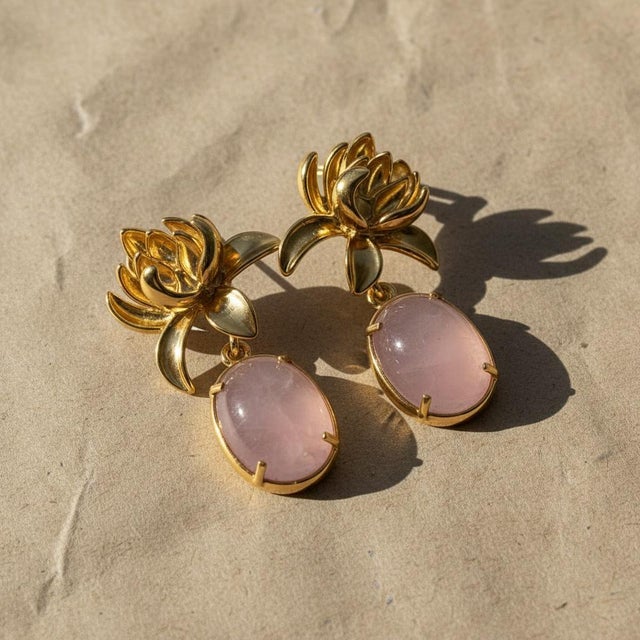 Pink Lotus Rose Quartz Drop Earrings, Pair For Sale - Image 8 of 9