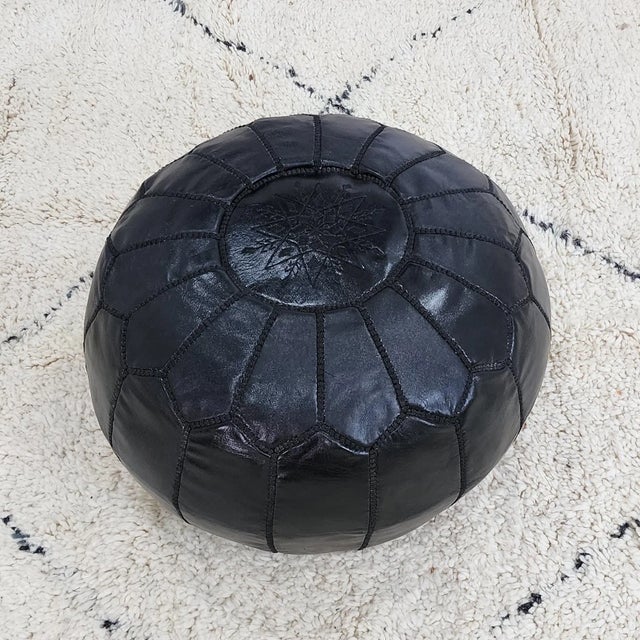 2020s Handcrafted Moroccan Black Leather Pouf Cover – Genuine Goat Leather Ottoman, Hand-Stitched Marrakech Artisan, Minimalist Boho Decor For Sale - Image 5 of 8