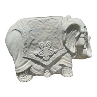 Vintage Large White Glazed Ceramic Elephant Planter / Cachepot For Sale