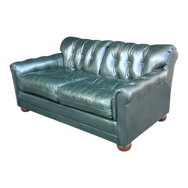 Vintage Dark Green Tufted Leather English Club Loveseat For Sale In Los Angeles - Image 6 of 14