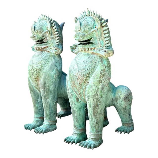 Vintage Verdigris Bronze Temple Lions - A Pair For Sale