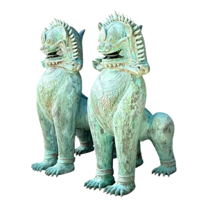 Vintage Verdigris Bronze Temple Lions - A Pair