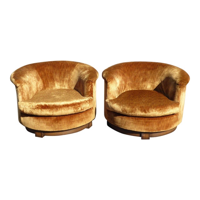 Vintage Mid Century Orange Velvet Swivel Club Chairs Pair Chairish