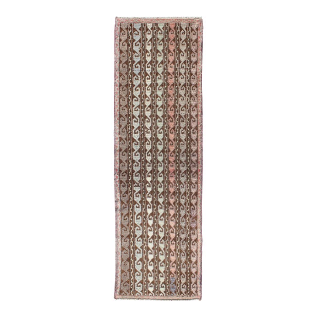 Brown and Pastel-Colored Vintage Turkish Oushak Runner With Vining Geometrics 2'1 X 6'10 For Sale