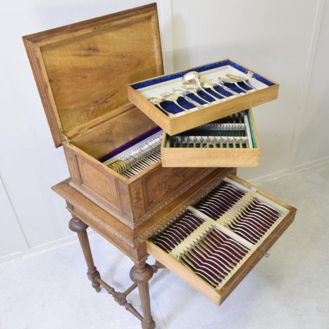 Silver Cutlery Set with Carved Wooden Box, 1890s, Set of 153 For Sale - Image 5 of 13