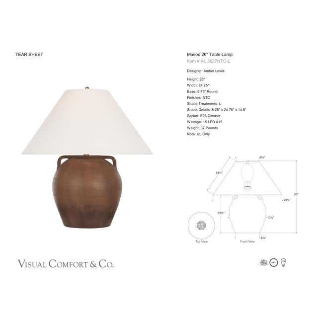 Amber Lewis by Visual Comfort Signature Mason 26" Table Lamp in Natural Terracotta with Linen Shade Designer: Amber Lewis...