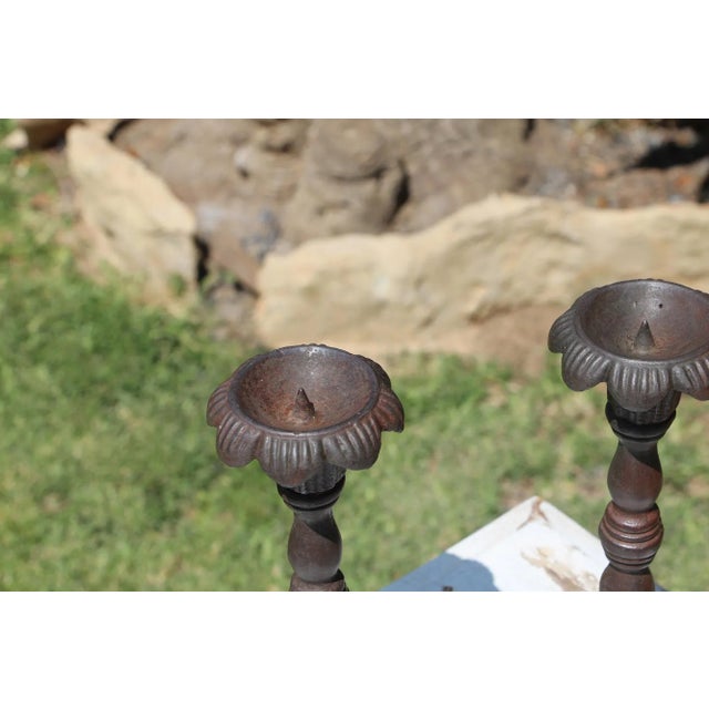 Early 20th Century Antique Victorian Cast Iron Floral Candleholders - a Pair For Sale - Image 5 of 13
