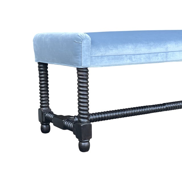 1970s Jacobean Revival Barley Twist Velvet Upholstered Bench For Sale - Image 9 of 11