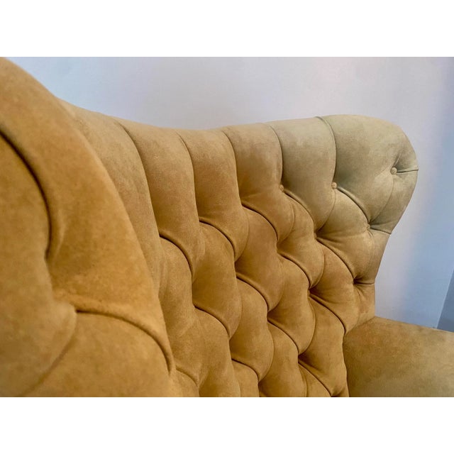 French Tufted Wingback Chair in Italian Suede With French Nailheads For Sale - Image 3 of 11