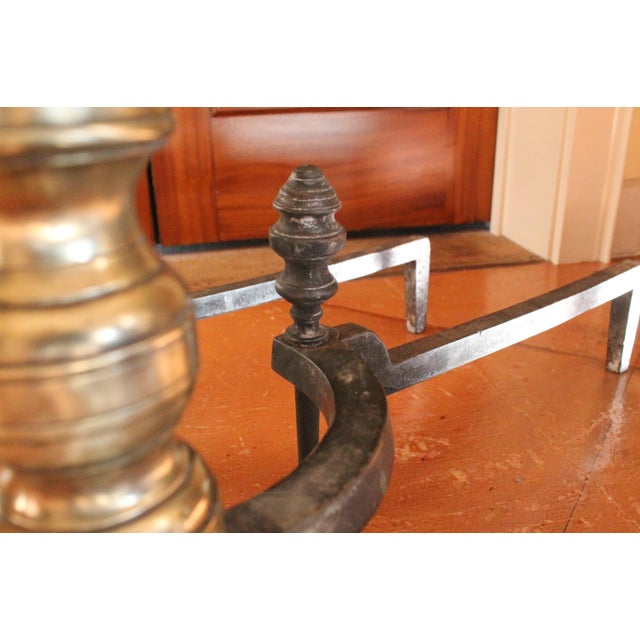 Pair of Antique American Brass Andirons With Turned Finials For Sale - Image 12 of 13