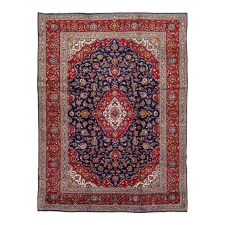 1930s Antique Persian Kashan Handmade Allover Floral Blue Wool Rug For Sale