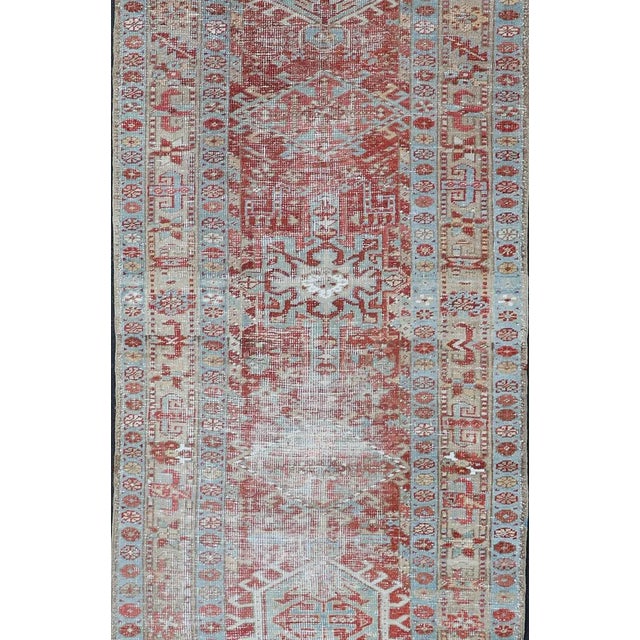 Tribal Antique Persian Heriz Runner With Geometric Design in Soft Red and Sky Blue 2'10 X 10'1 For Sale - Image 3 of 13