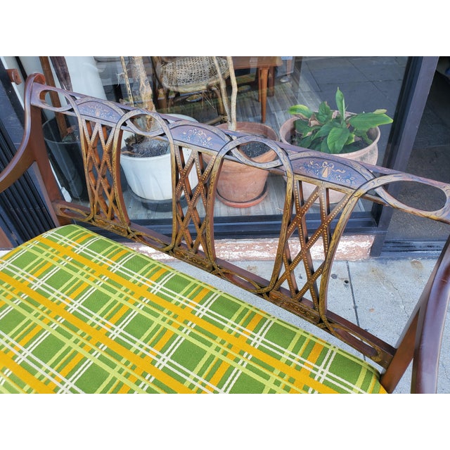 Vintage late 40s early 50s American made settee with hand painted details. The settee would be ideal for an entry way, a...