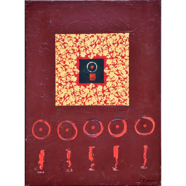 Christine Donovan Red Circle and Line Abstract Oil on Canvas 2000 For Sale