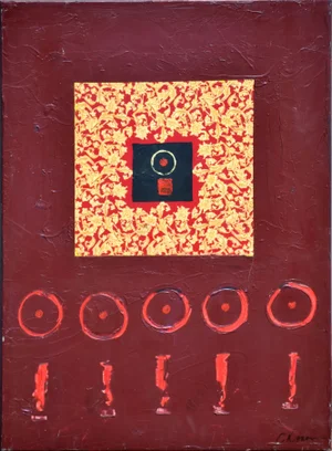 Christine Donovan Red Circle and Line Abstract Oil on Canvas 2000
