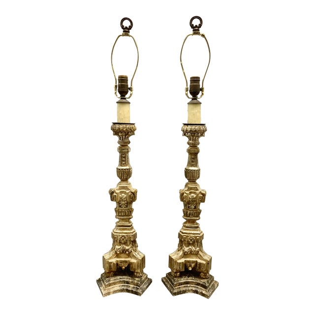 Pair of Silverleaf Candlestick Lamps For Sale