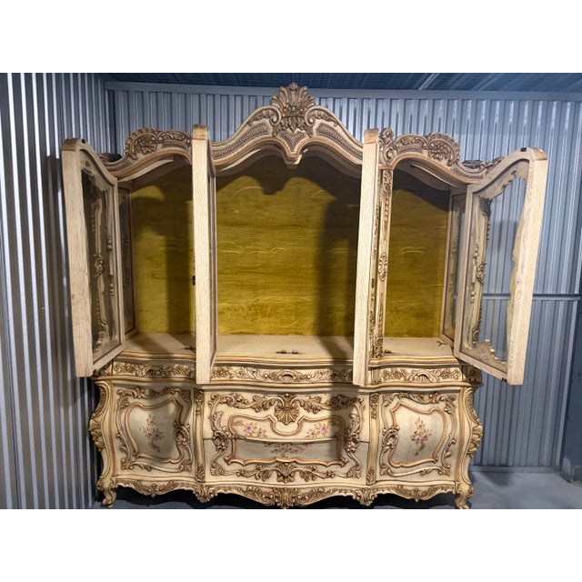 Wood Mid 20th Century Monumental Rococo Revival Hand-Painted Floral China Cabinet and Buffet For Sale - Image 7 of 12