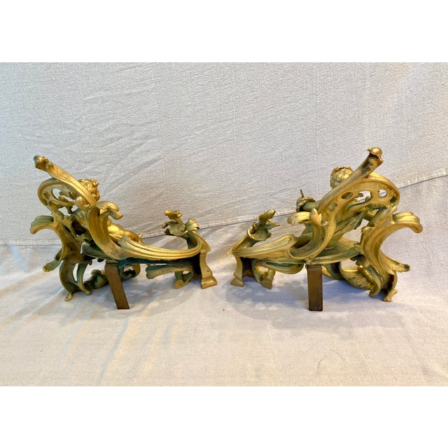 Pair of French Early 19thC Louis XV Style Gilt Andirons Chenets For Sale In Los Angeles - Image 6 of 9