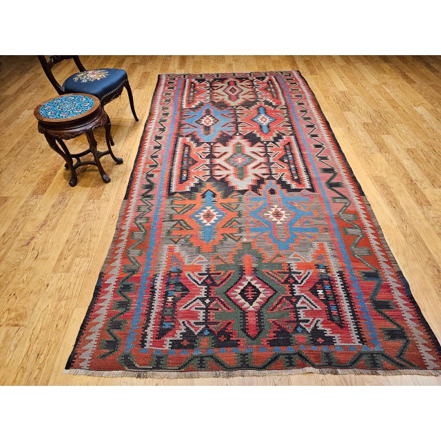 Red Antique Caucasian Kazak Kilim, Handwoven Wool, Geometric Design, Terracotta & Turquoise, 6x11 For Sale - Image 8 of 18