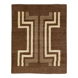 Transitional Art Deco Style Brown Handmade Designed Wool Rug For Sale
