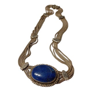 Vintage Mid Century 1950s Silver Necklace Pendant Lapis Lazuli Cabochon Gemstone Collar Choker Blue Handmade For Sale