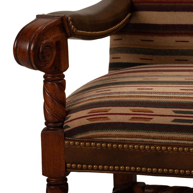 1990s Hancock & Moore Louis XIII French Style Barley Twist Throne Armchairs W/ Southwestern Wool Geometric Fabric For Sale In Tampa - Image 6 of 17