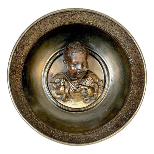 Grand Tour Patinated Metal Bowl after Hildesheim Depicting the Infant Hercules For Sale