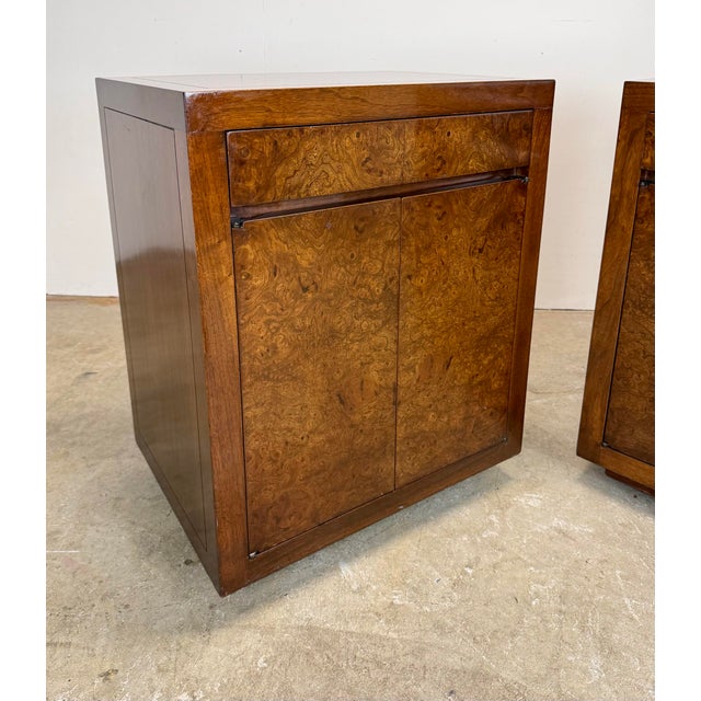 Mid Century Modern Milo Baughman Style Burlwood & Walnut Nightstands For Sale - Image 9 of 12