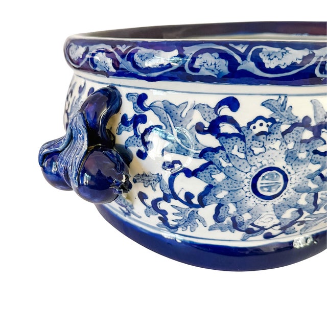 Ceramic Late 20th Century Large Chinoiserie Blue & White Porcelain Foot Bath Planter With Pomegranate Handles For Sale - Image 7 of 11