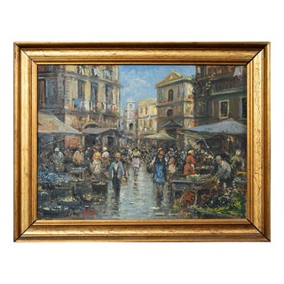 Neapolitan Artist, Market Square in Naples, 20th Century, Oil Painting on Panel For Sale