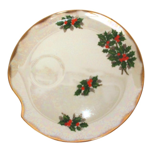 1960 Japan Ucagco Fine Christmas Iridescent Holly Dessert Plate For Sale