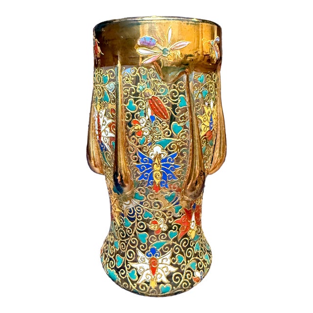 Moser Antique Bohemian Art Nouveau Enameled & Gilded Glass Insect Cabinet Vase For Sale