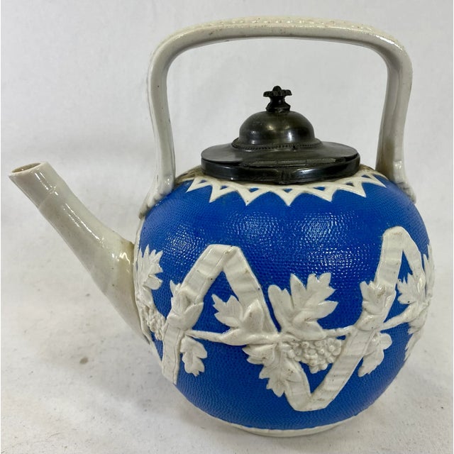 Antique Salt Glazed Tea Pot Decorated With Ribbons and Grapes With Pewter Lid From England - Circa 19th Century For Sale - Image 11 of 11