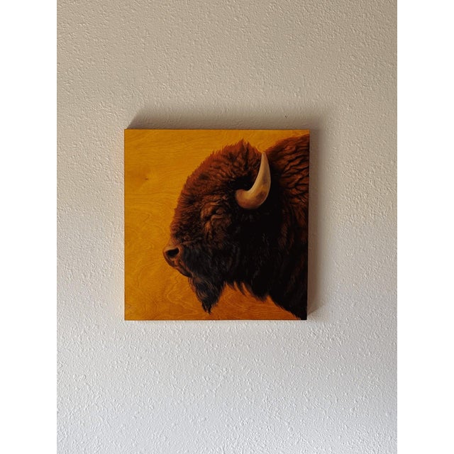 Guardian of the Plains by Terra Novak | Oil on wood Painting of a bison's profile For Sale