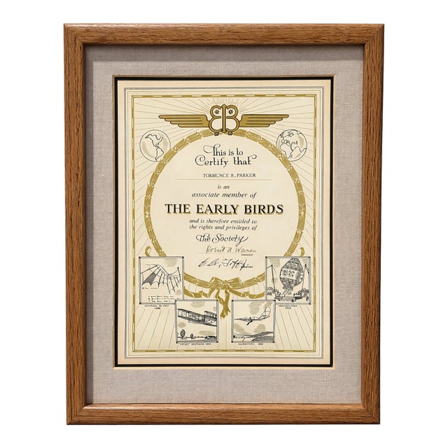 ⸻ Vintage “The Early Birds” Aviation Society Membership Certificate, Framed For Sale