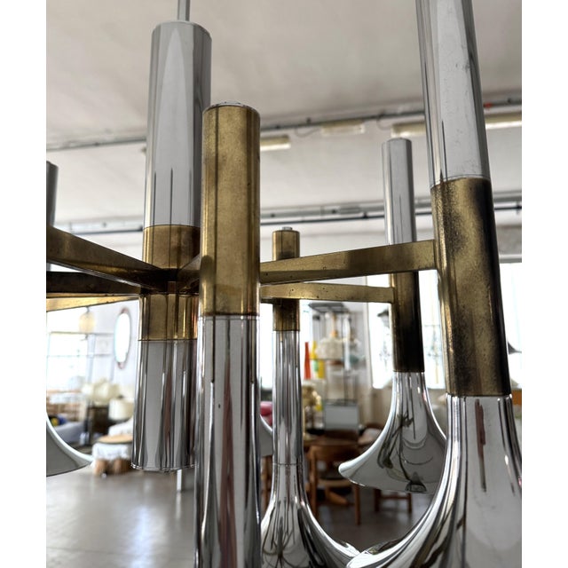 Large Italian Chrome and Brass Trumpet Chandelier attributed to Lumi Milano, 1970s For Sale - Image 15 of 18