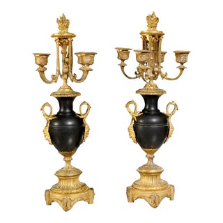 Antique Four-Light Napoleon III Gilt Bronze & Black Marble Candelabras- a Pair For Sale