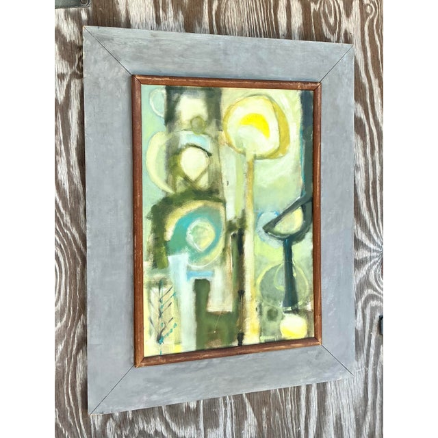 This striking mid-century modern abstract painting captivates with its expressive brushstrokes and a harmonious blend of...