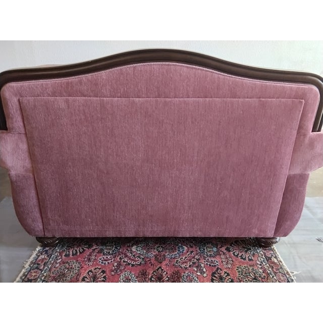 Vintage Hollywood Regency Style Carved Wood Pink Upholstered Loveseat For Sale - Image 9 of 15