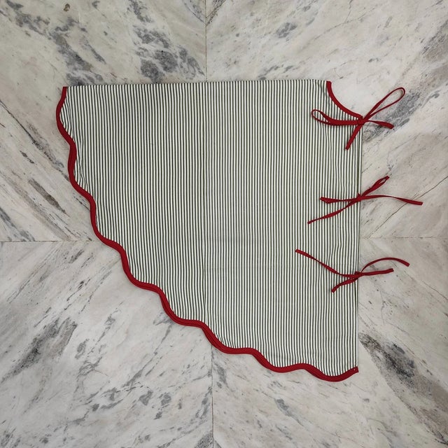 Handmade Scalloped Christmas Tree Skirt, Green Stripes with Red Piping For Sale - Image 6 of 6